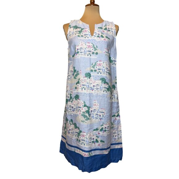 J Jill Love Linen Blue Toile Nautical Beach City Print Shift Dress Size Small Ta - Picture 1 of 6